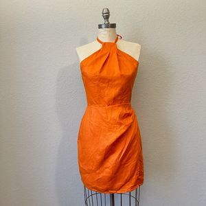 REFORMATION Dory Linen Halter Mini Dress in Orange USA MADE